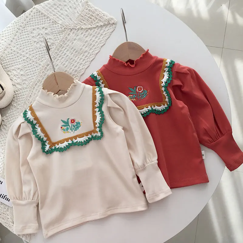 

Детская хлопковая рубашка с цветочной вышивкой, на осень/зиму