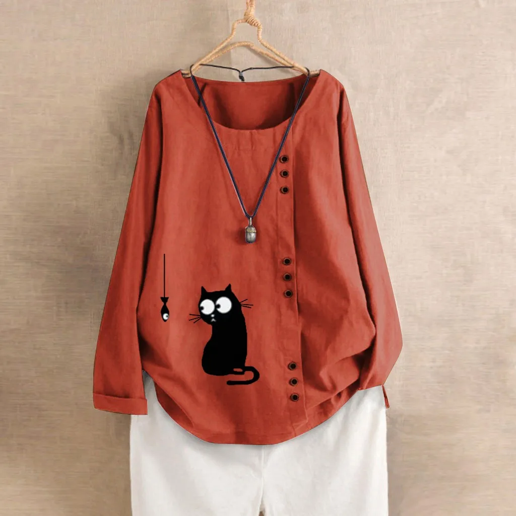 Женская мешковатая футболка из хлопка и льна с длинным рукавом принтом кошки