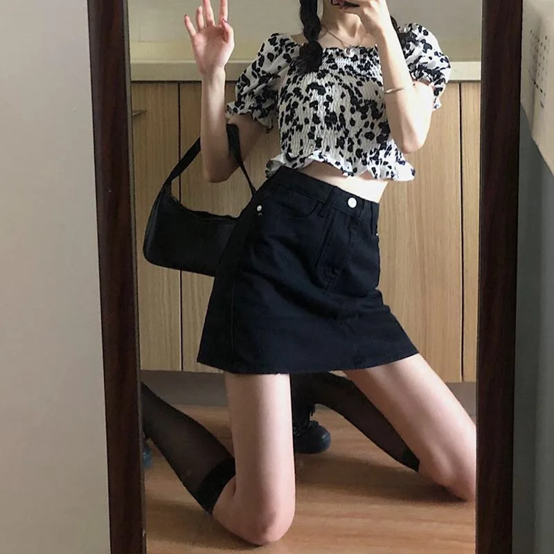 

Basic Zipper A-Line Solid Color Denim Women's Skirt Casual Streetwear Summer Skirts with High Waist Preppy Style