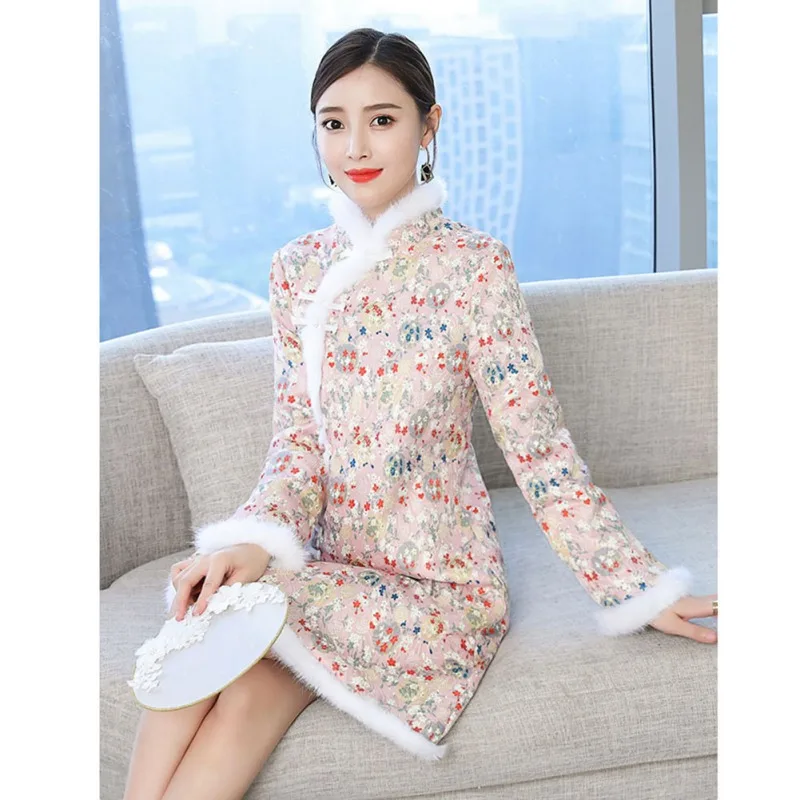 Размера плюс платье Ципао в китайском стиле с длинным рукавом зимнее флисовое