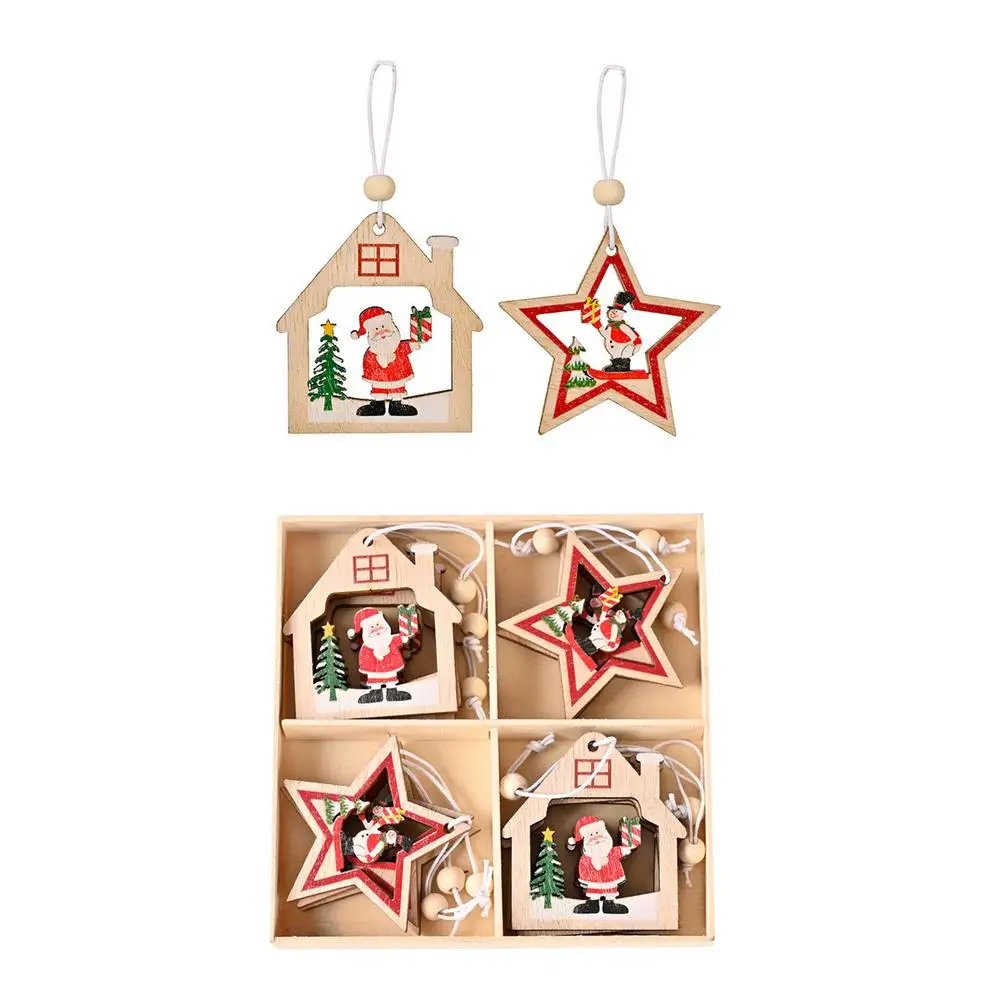

12pcs Christmas Hanging Ornament Christmas Lovely Patterns Wooden Cutout Snowflake Pendant For Home Decoration