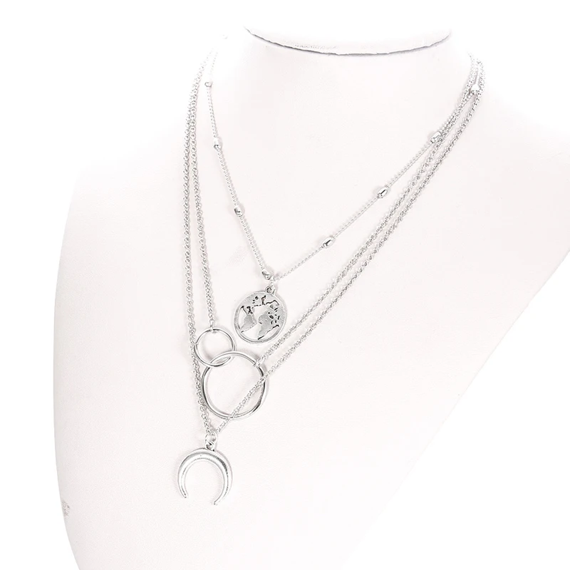 

New Vintage Necklace Moon World Map Circle Pendant Multilayer Necklace For Women Jewelry Accessories