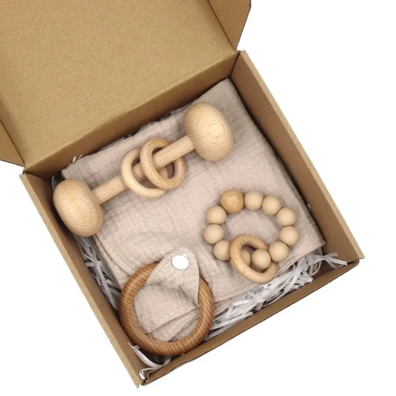 

Деревянные погремушки, 100% хлопок, полотенце, прорезыватель, погремушка, силиконовая цепочка для соски, подарочные наборы для малышей