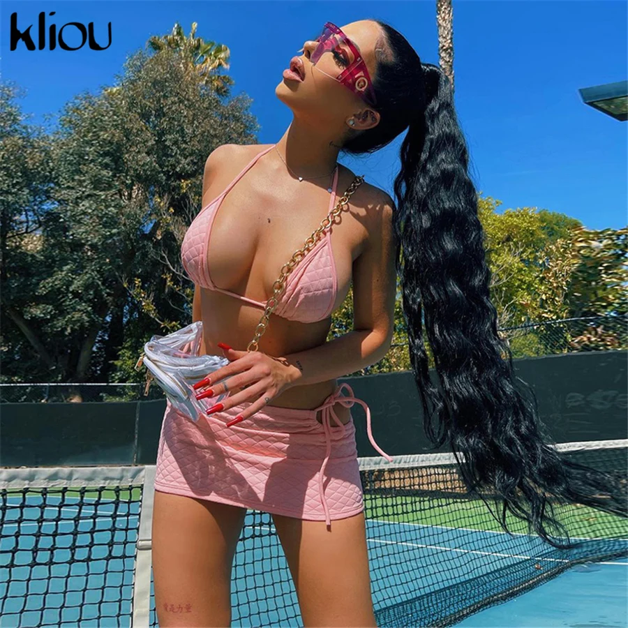 

Kliou Solid Two Piece Women Summer Backless Sexy Bra Midnight Clubwear Top+Sexy Skinny Skirt Sport Style Bandage Outfits Hot