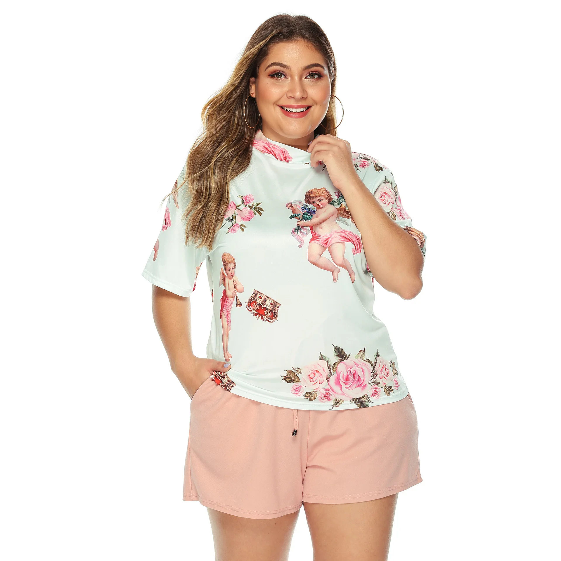 Женская свободная футболка с цветочным принтом белая блуза круглым вырезом и