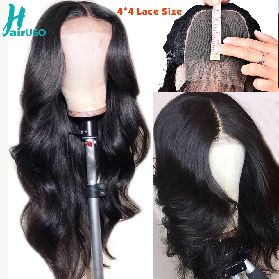Парики из натуральных волос HairUgo парик с волнистыми волосами 4*4 парик из перуанских Реми кружевные парики предварительно выщипанные волосы для черных женщин