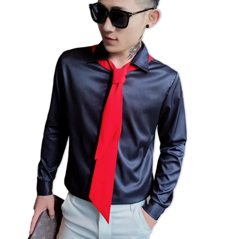 

Tie Shirt Men Long Sleeve Social Party Tops Streetwear Night Club Men Clothing Chemise Homme Casual Slim Fit Dress Shirts 2020