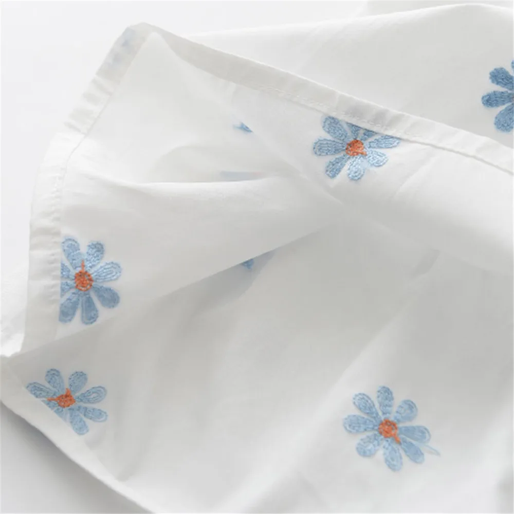 

Sweet Baby Girl Flower Embroidery Print A-Line Dress Toddler Kids Short Sleeve Square Collar Casual Loose White Summer Clothing
