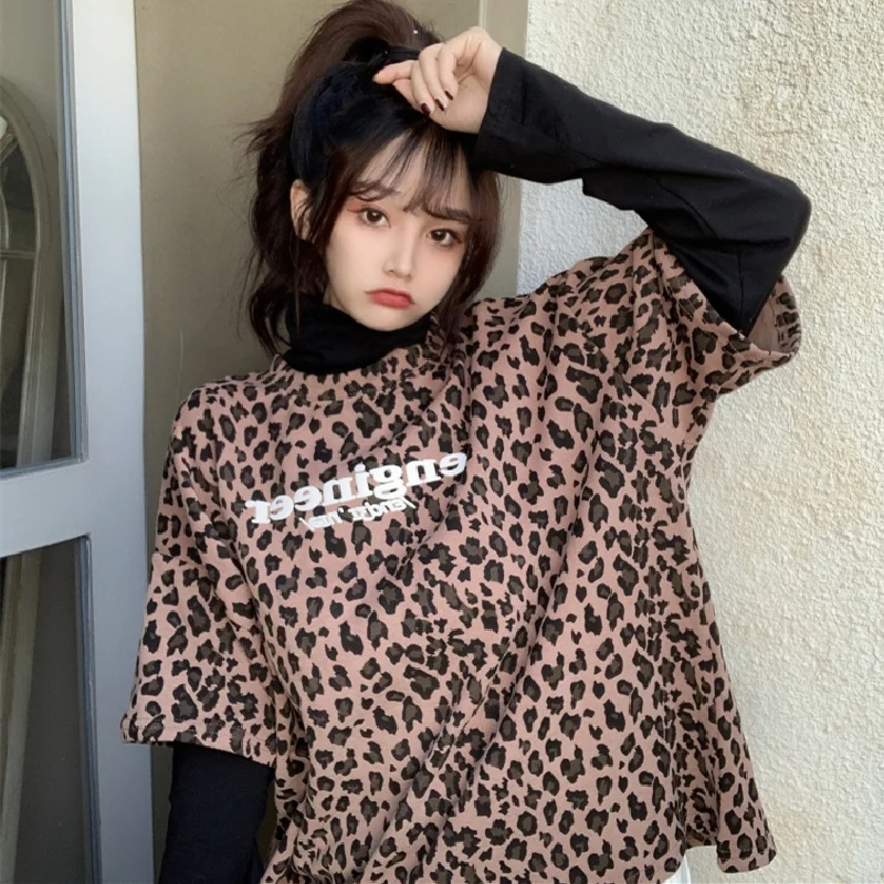 Леопардовый принт двойные штаны с фальш вставкой высоким плотно облегающим шею