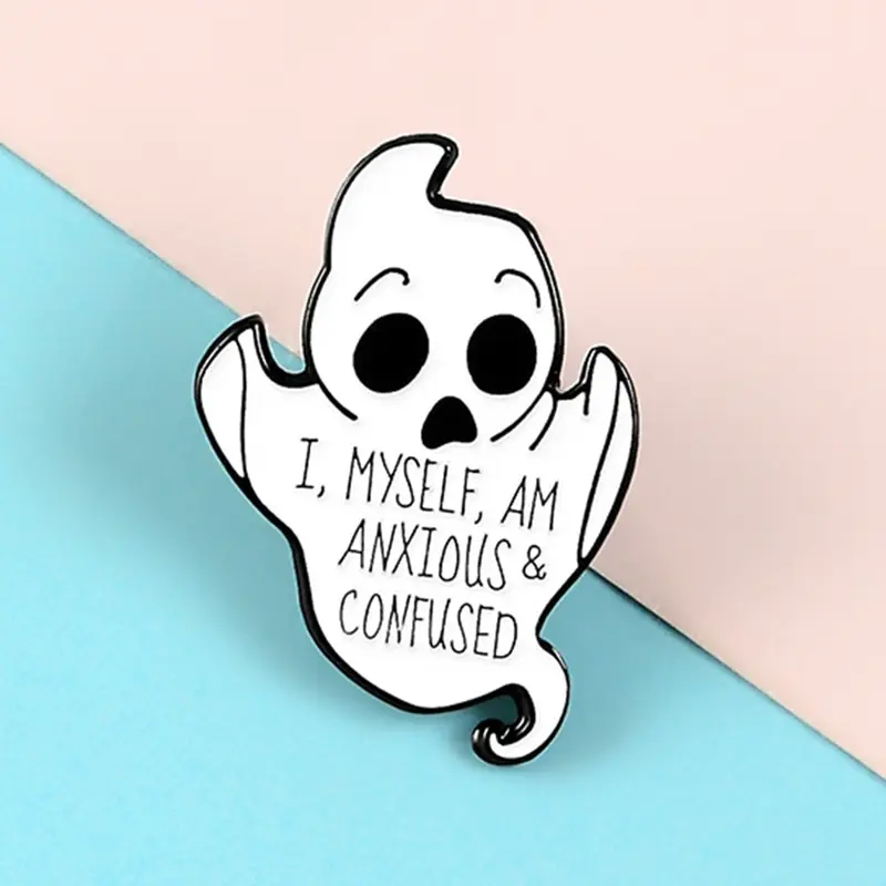 

Cartoon Badges White Cute Small Ghost Baby Brooches for Women Letter I Myself Am Anxious Confused Enamel Pin Accessories Jewelry