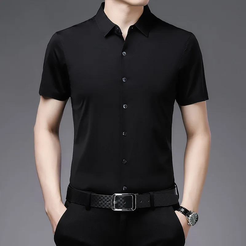 

Summer Short Sleeve Shirt Men's pure mulberry silk dad business non iron ice silk smooth cotton half sleeve shirt
