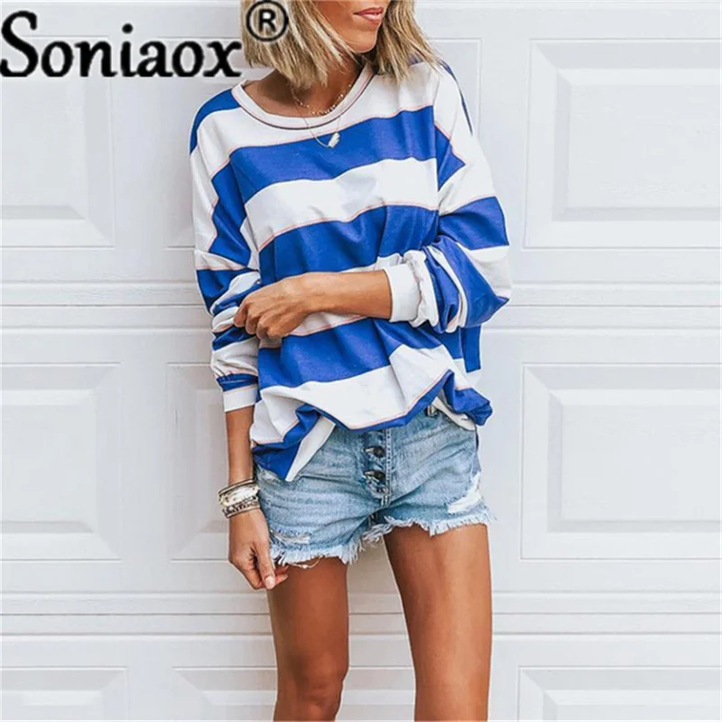 

Women Autumn 2021 New Casual Loose O-Neck Splice Stripe T-Shirt Fashion Long Sleeve Printing Tops Ladies Streetwear Pullover Tee