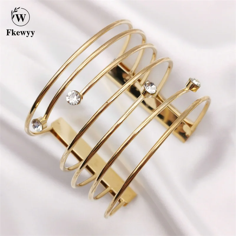

Fkewyy Multi-Layer Luxury Cuff Bracetels Woman Punk Rhinestones Gold Laminated Jewelry Gothic Festival Gift Girl Accessories