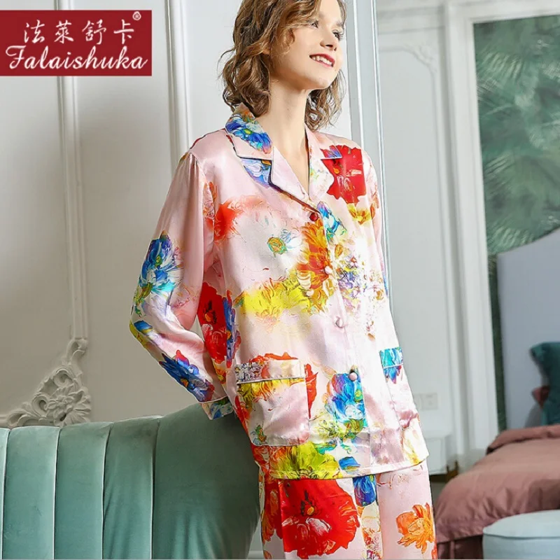 Silk Pajamas Set Foral Print Lady Full Sleeve sleepwear Silk Stain Homewears Sleepwears Pyjama Set Sexy Fashion Home Wear XL
