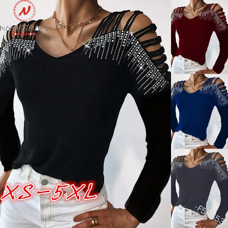 

Футболка женская однотонная с длинным рукавом, Модный облегающий топ с вырезами, на лямках, с круглым вырезом, уличная одежда, весна-осень