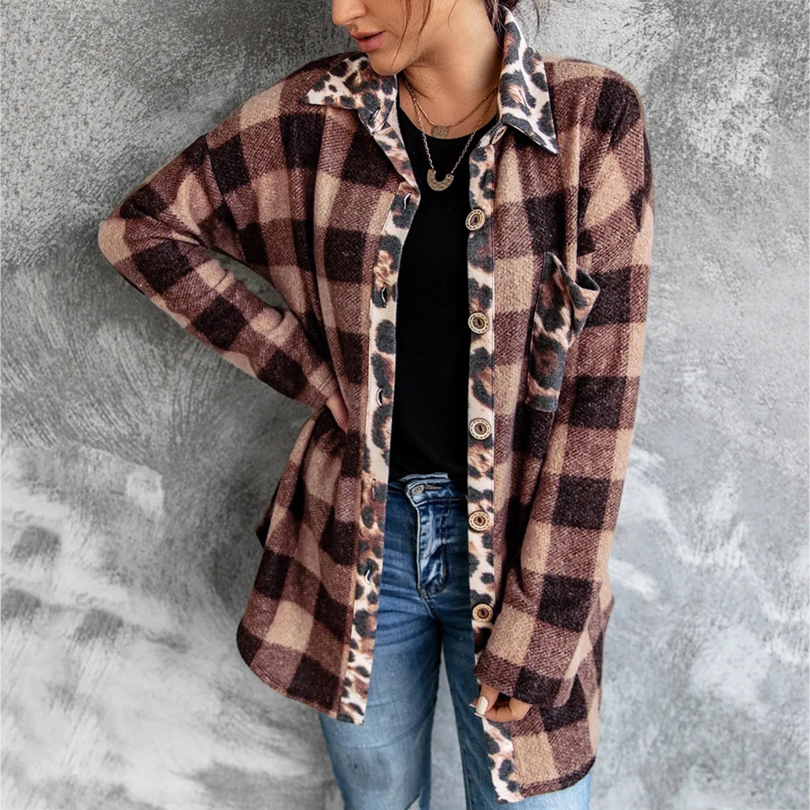 

Autumn Leopard Plaid Jacket Women Long Sleeve Cotton Shirts Coats Top Spring Casual Lapel Cardigan Jackets Outerwear Shirt Blusa