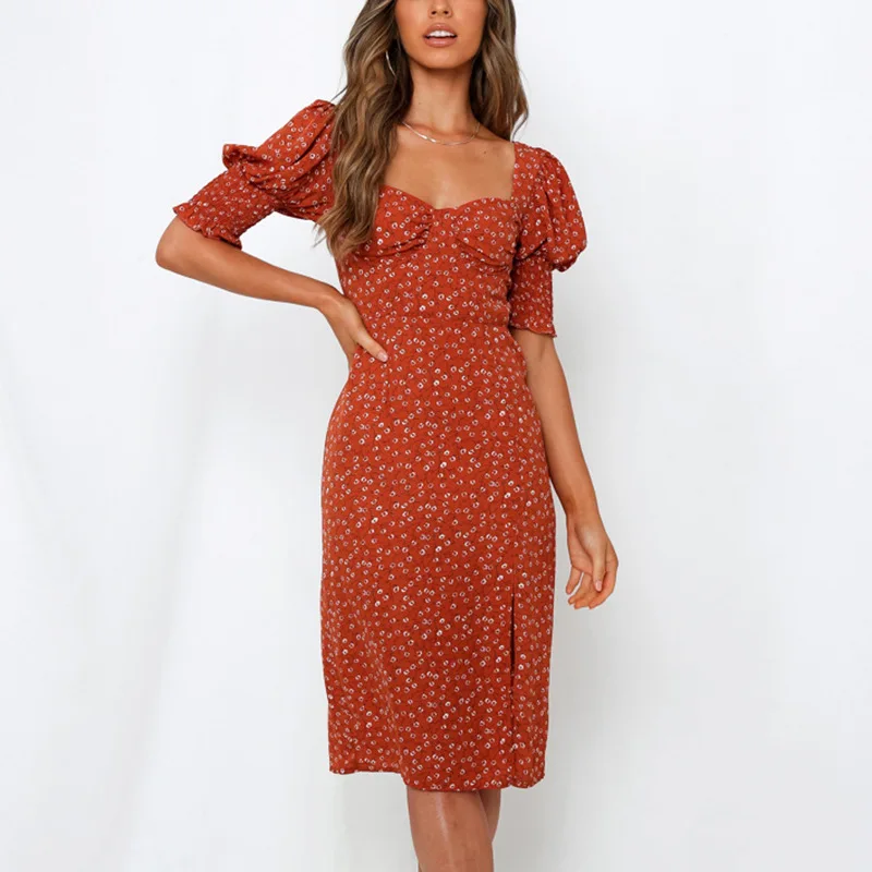 

Summer fashion and elegant square neck chiffon print lantern sleeve ladies midi dress dress summer 2021 black dress