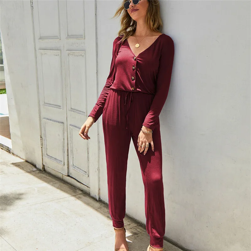 

Women Long Sleeve Homewear Jumpsuit Romper Bodycon OL Ladies V Neck Casual Jumpsuit Streetwears 2020 Trend