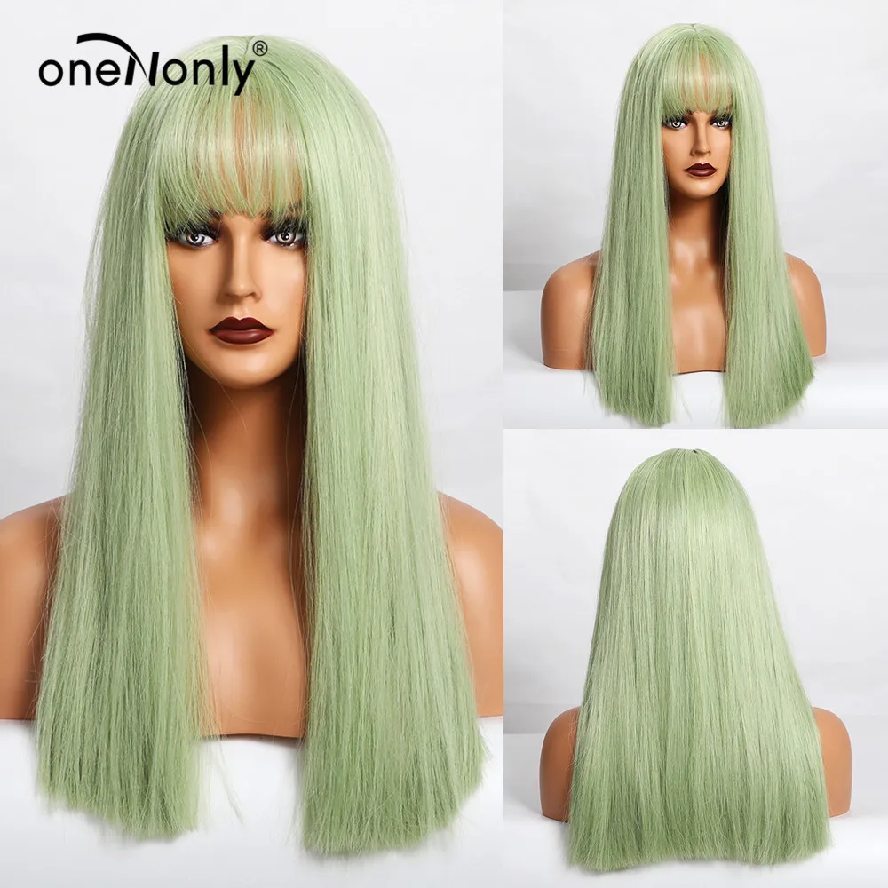 

oneNonly Medium Length Straight Ombre Light Gray Blue Synthetic Wigs with Bangs for Women Cosplay Natural Wig Heat Resistant