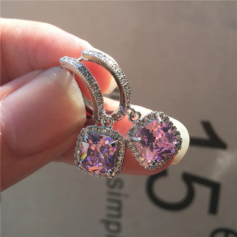 Fashion Female Pink Blue Zircon Stone Earrings Elegant Square Hoop Earrings For Women 925 Sterling Silver Wedding Earrings - Metal Color: Pink