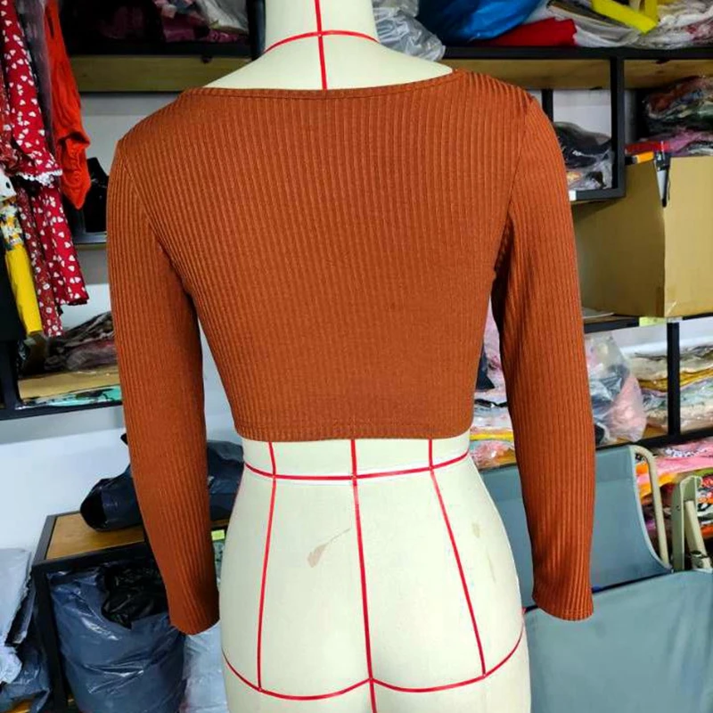 

Sexy V-neck Crop Top Tee Ribbed Knitted Long Sleeve Slim Fit T-shirt Spring Autumn Women Vintage Brown Clothes Streetwear