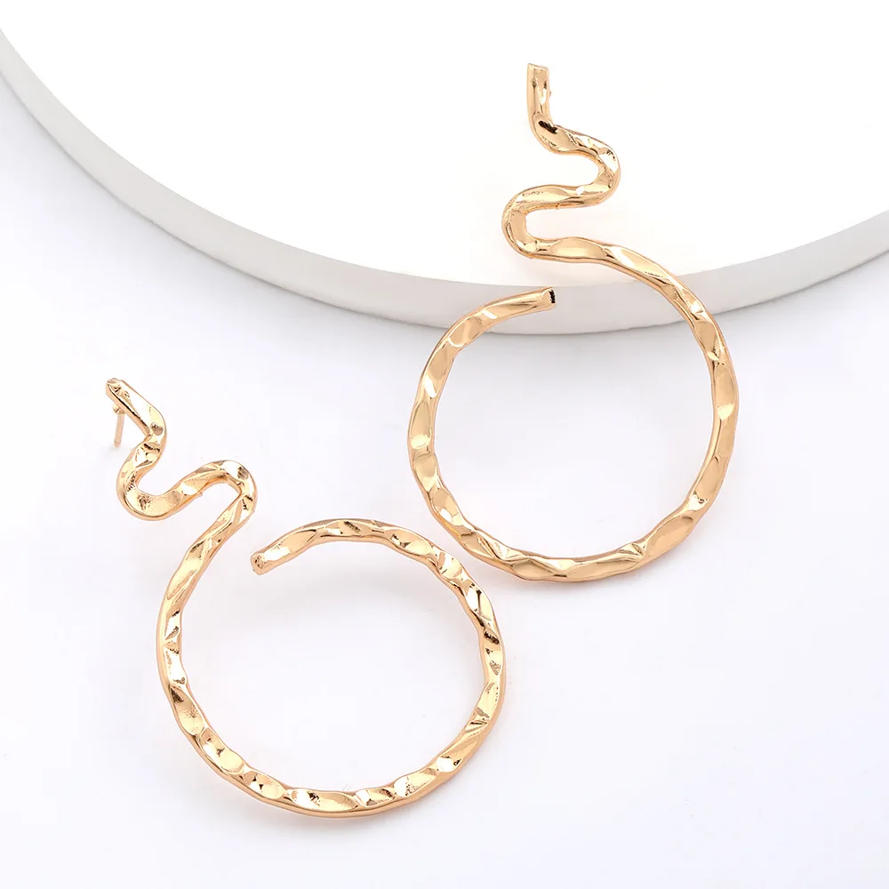 

1Pair Creative Exaggerated Cool Snake Shape Earrings Alloy Gold Geometric Earrings Retro Hip Hop Female Round Earrings