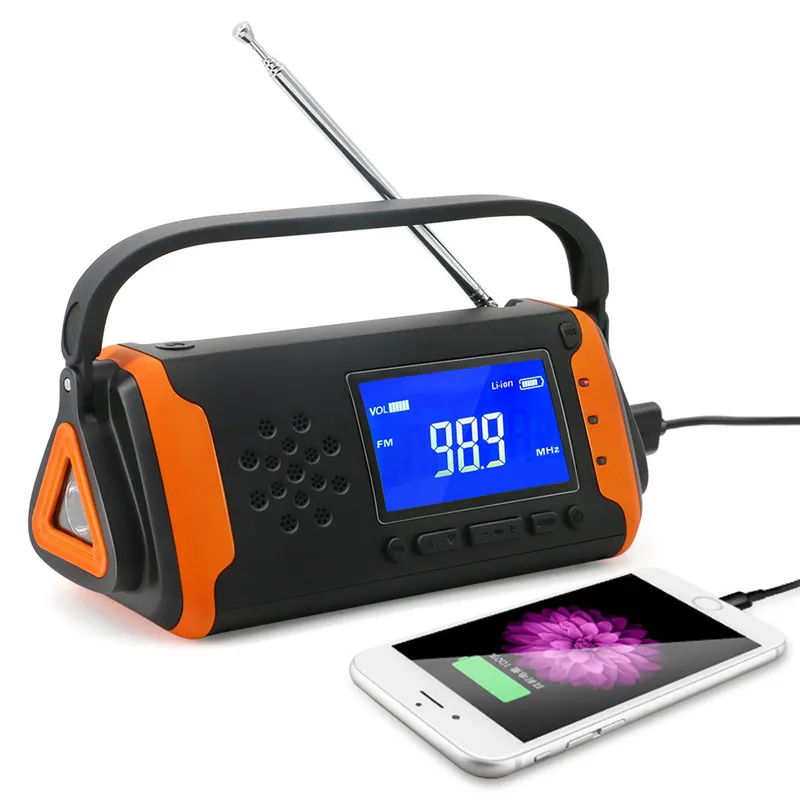 

LED screen hand cranked FM AM WB radio portable solar charging aux speaker SOS light flashlight mobile phone Bank power supply