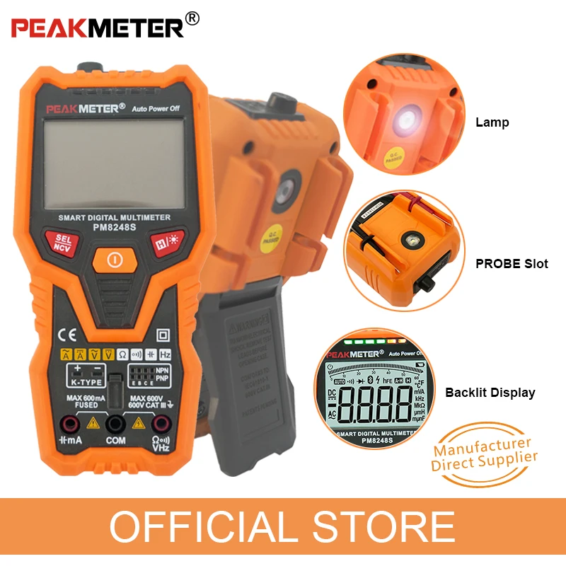 Peakmeter PM8248S Smart AutoRange Professional Digital Multimeter Voltmeter NCV Frequency Backlight Temperature Transistor test |