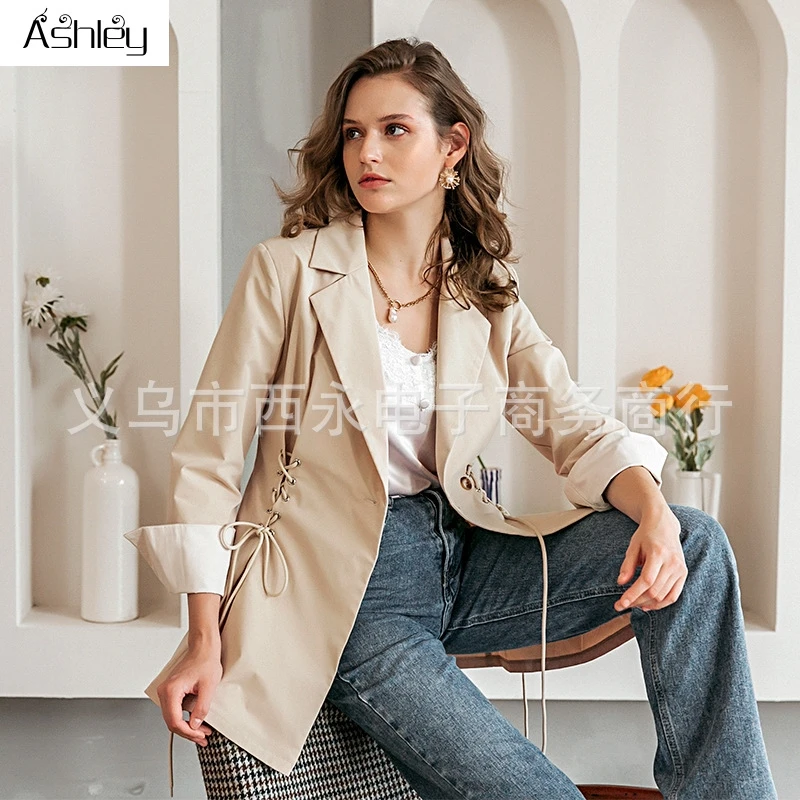 

Ashley Causal khaki autumn women trench coat Female elegant long sleeve coat Women solid long coat with Drawstring windbreaker