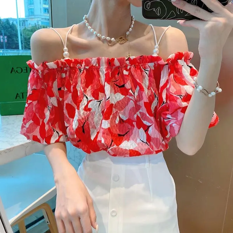 

Summer Slash Neck Sexy Top Female Blouses Floral Print Tops Women Puff Sleeve Off Shoulder Halter Beach Party Stretch Shirt Boho