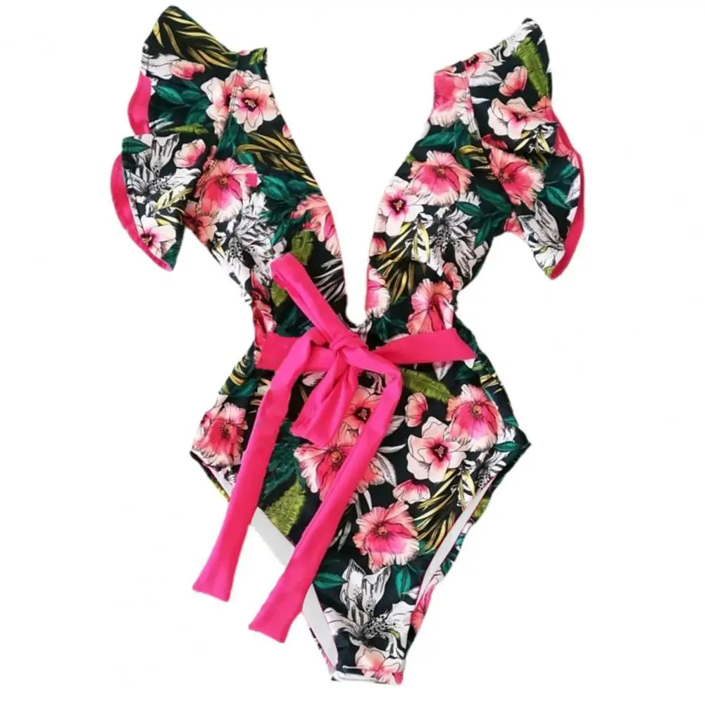 

One Piece Bikinis 2021 Sexy Monikini Deep V Neck Floral Print Swimsuit Summer Women Adjustable Ruffle Sleeve Swimwear for Beach