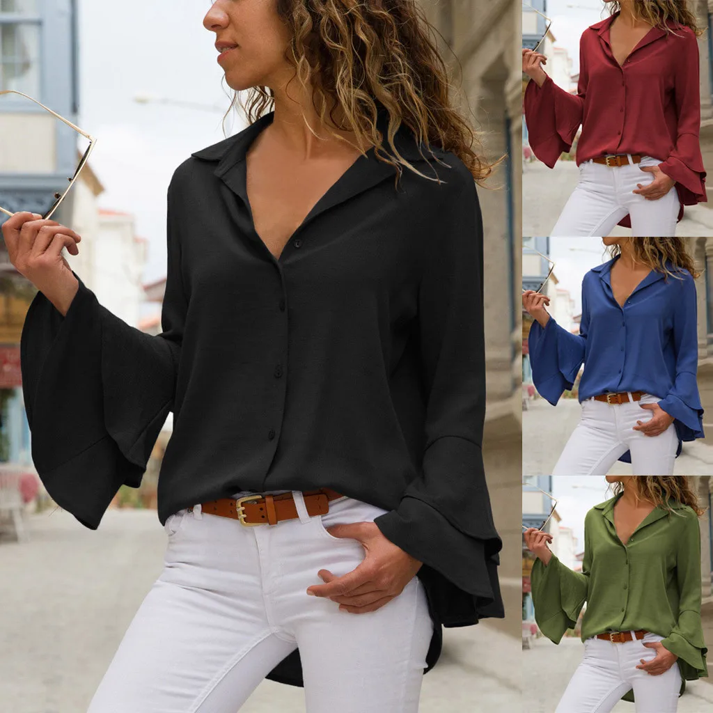 Женская однотонная Блузка на пуговицах Повседневная с расклешенным рукавом и