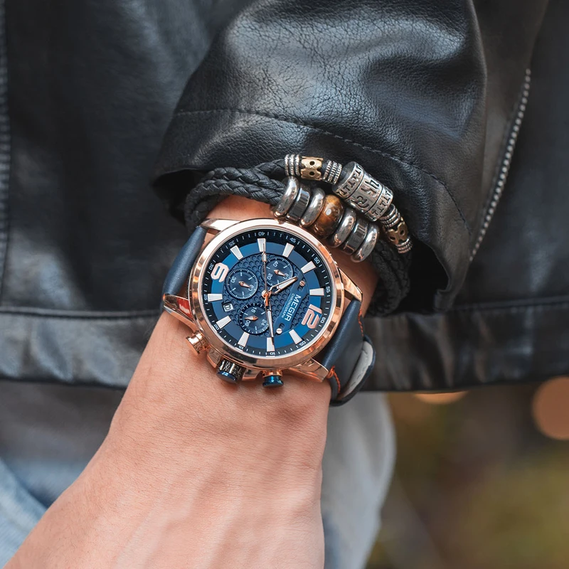 Часы MEGIR мужские спортивные кварцевые водонепроницаемые с кожаным