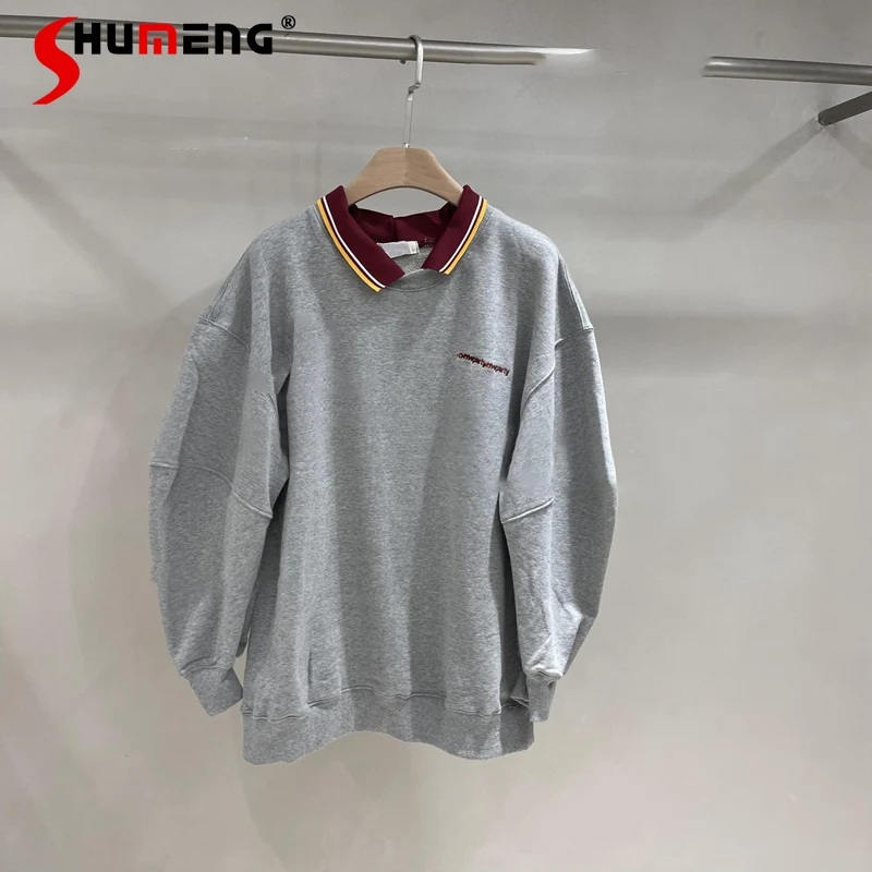 

Женский свитшот с лацканами, простой Свободный пуловер контрастных цветов с длинным рукавом, осень 2021