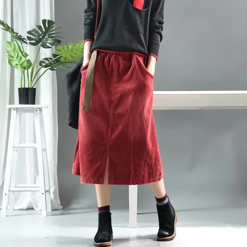 Осенняя Женская юбка в стиле ретро с эластичным поясом Вельветовая разрезом