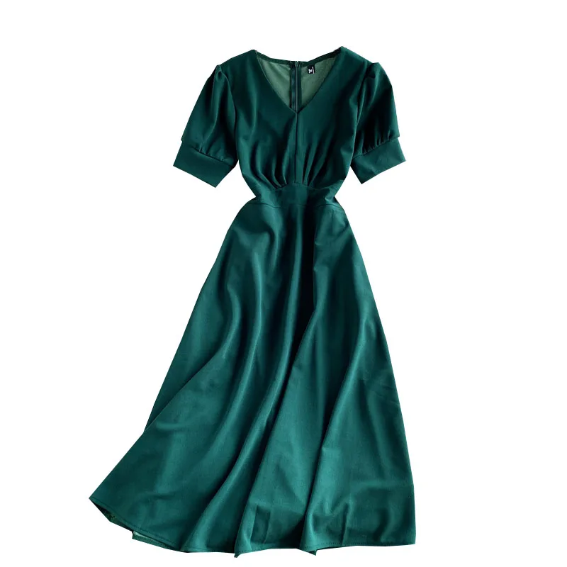 

2021 Summer New Fashion Women Casual Retro Vintage Solid Color V Neck Short Sleeve Below Knee Length A Line Dress