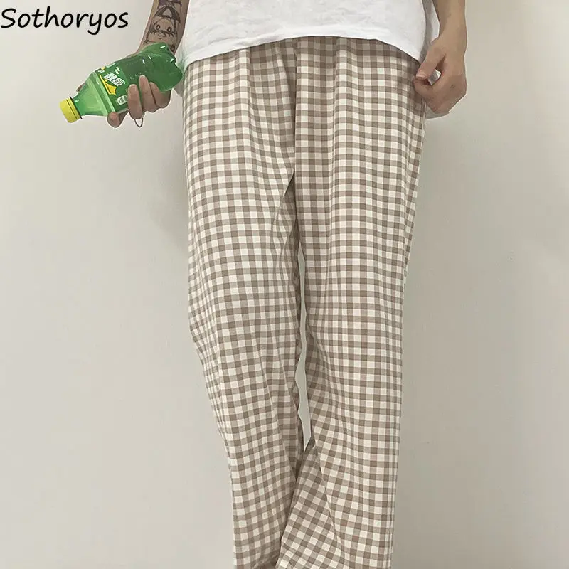 

Women Plaid Sleep Bottoms Simple Fashion Sleepwear Loose Elastic Waist Pajama Pants Summer Breathable Korean Style Sweet Leisure