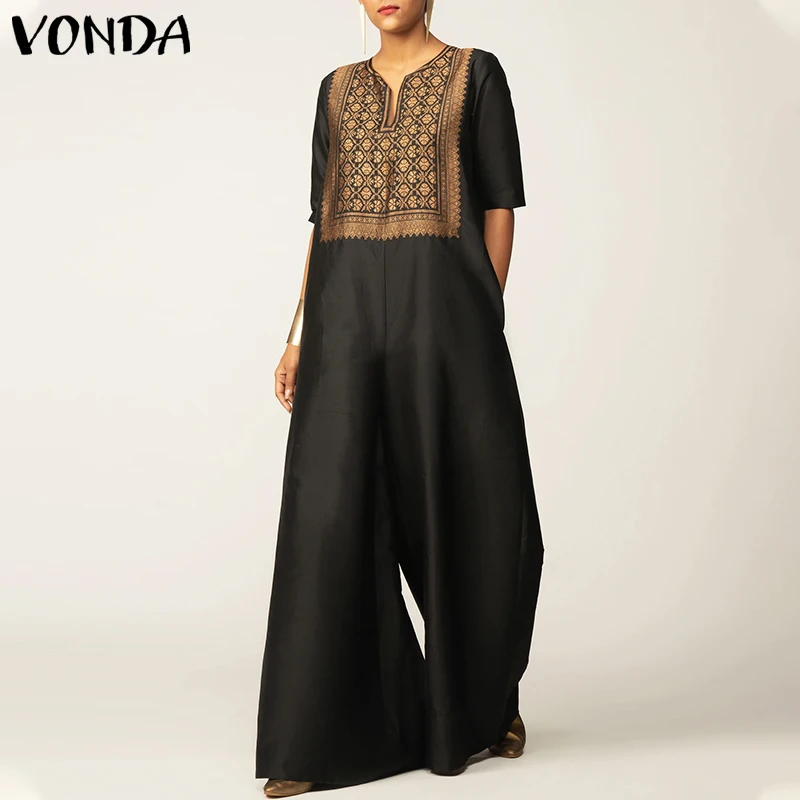 

Overalls For Women 2021 VONDA Casual Short Sleeve Vintage Printed Jumpsuit Rompers Casual Wide Leg Pants Femme Playsuits