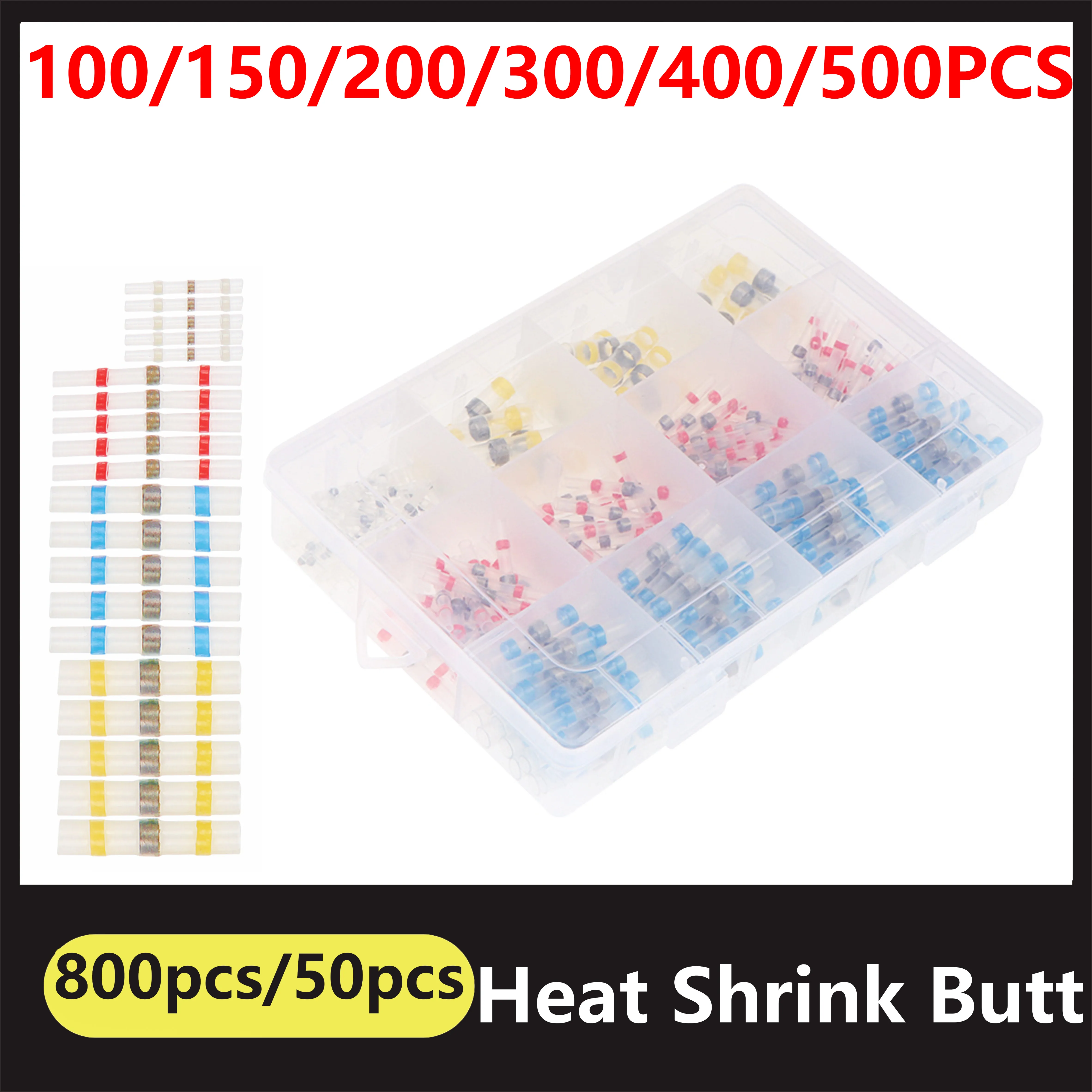 100500300pcs Mixed Heat Shrink Connect Heat Shrink Solder Butt Connectors Solder Wire Insulated Butt Connectors Kit