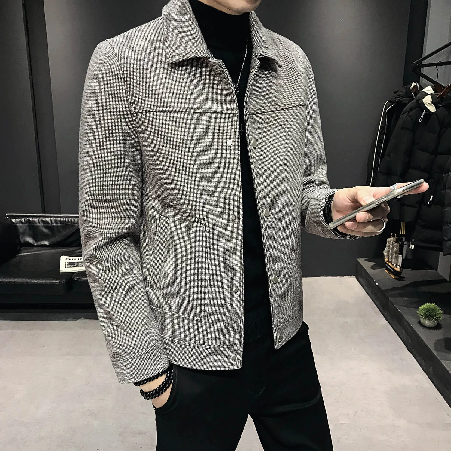 

slim Korean men's Worsted coat woolen short coat jacket thousand bird case coat fashion young hairdresser