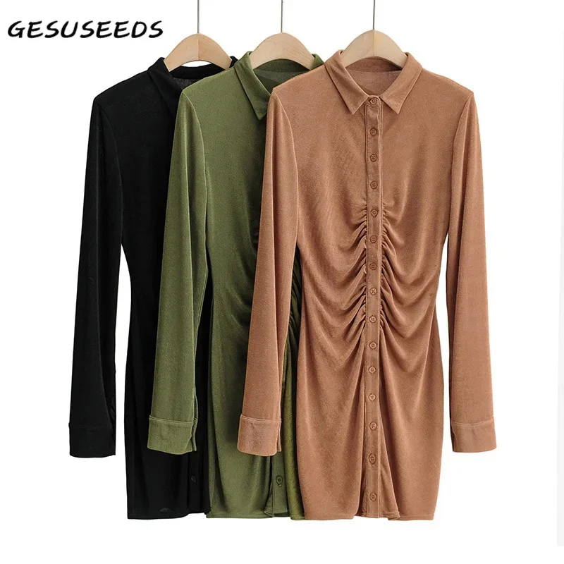 

Elegant dress women long sleeve dress solid mini dresses vintage single breasted shirt dress black turn down collar vestidos
