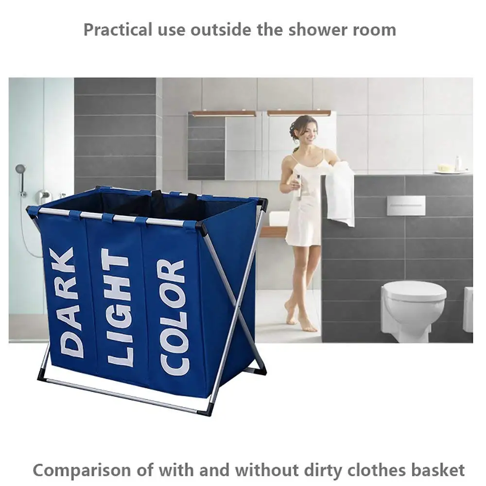 

Folding Laundry Hamper Washing Storage Basket Bag 3 Section Foldable Fabric Laundry Baskets for Bathroom,Washing Room