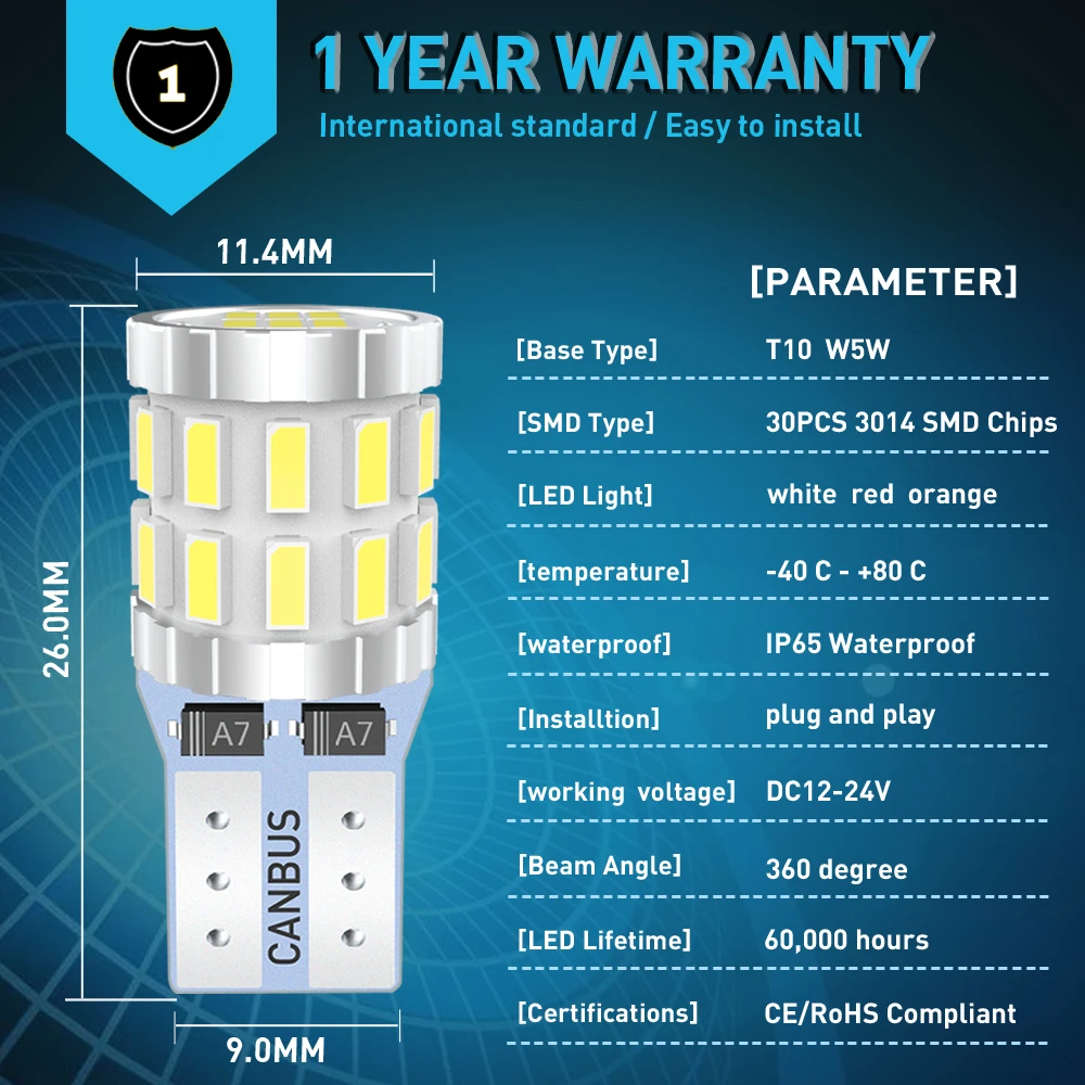 Светодиодные лампы T10 W5W 3030 Автомобильные светодиодные боковой маркер номерной