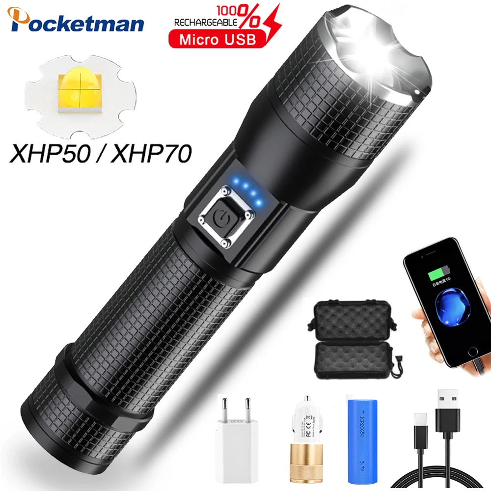 

65000LM Rechargeable Flashlight XHP70 500M Long-Range Zoom Torch Portable Flashlight Power Bank 26650 Lanterna Lamp High-Power