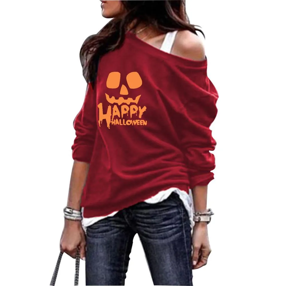 

Chic Printing Pullovers Halloween Strapless Round Neck Long Sleeve Fashion Loose Female Sweet Autumn Vintage Sudaderas Shirt