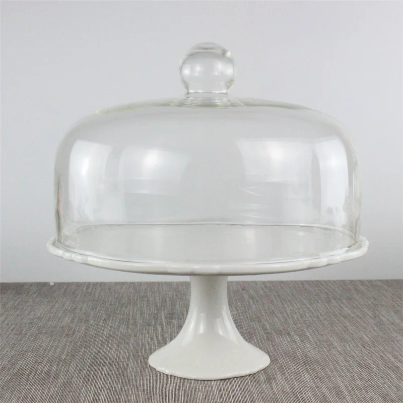 

European Style 12 Inch Tall Ceramic Cake Tray Glass Lid Afternoon Tea Dessert Display Plate Living Room Desktop Decoration