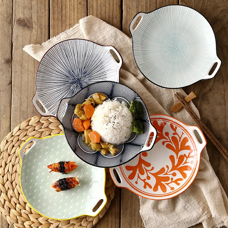

Modern Nordic Dinner Plates Porcelain Designer Japanese Cute Tray Binaural Handle Microwave Fancy Food Salad Vajilla Tableware