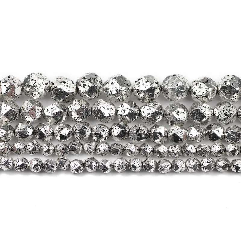 

6/8/10/12mm Ancient Silvers Faceted Round Natural Volcanics Lava Stone Spacers Loose Beads For Jewelry Making DIY Accessories