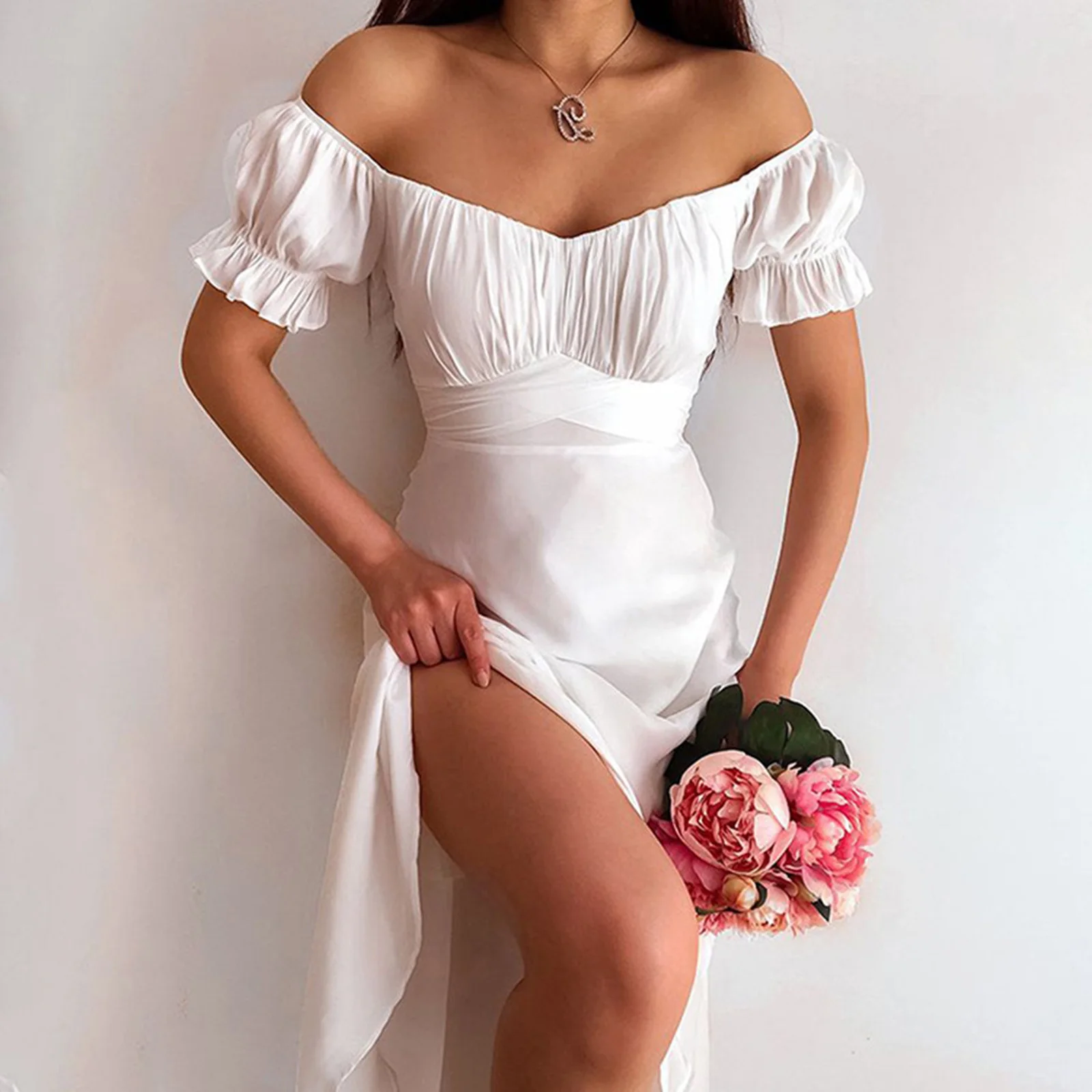 

One-shoulder Elegant Solid Color Printed Skirt with Slit Puff Sleeves At The Hem Sweet Mid-length Skirt