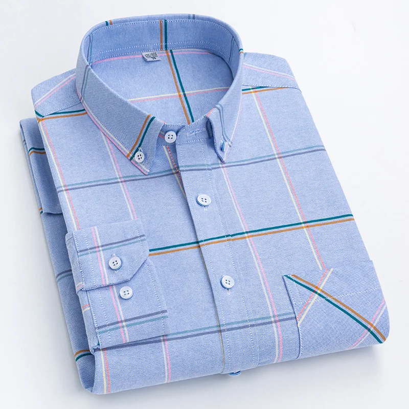 Men's Long Sleeve Oxford Plaid Striped Casual Shirt Front Patch Chest Pocket Regular-fit Button-down Collar Thick Work Shirts